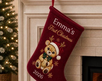 Personalised teddy bear baby First Christmas 2026 Stocking | Baby Name Christmas Stocking|Bungundy stocking| Dark red baby stocking gift