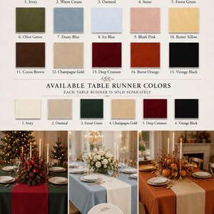 Puede incluir: Una carta de colores que muestra quince colores de manteles y seis colores de caminos de mesa, incluyendo marfil, crema, avena, piedra, verde, azul, rosa, amarillo, marr&oacute;n, oro, carmes&iacute;, naranja y negro, con tres mesas decoradas debajo.