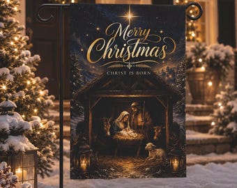 Merry Christmas Nativity Garden Flag | Christ Is Born Outdoor Banner | Religious Christmas Porch Decor | Christian Winter Yard Flag