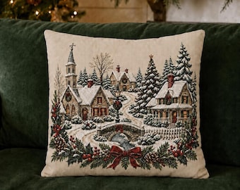Vintage Snowy Christmas Village Pillow Cover|Holiday Throw Pillowcase | Cottage Christmas Decor| Winter Village Cushion Cover|Christmas gift