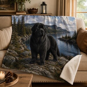 Peut inclure: Un plaid rectangulaire présentant une impression haute résolution d'un grand chien Terre-Neuve noir debout sur un rivage rocheux. L'arrière-plan montre un lac calme, des conifères et des montagnes lointaines sous un ciel nuageux.