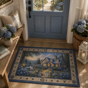 Blue Hydrangea Cottage heavy duty entrance floor mat|Cottagecore Welcome Mat| Farmhouse Entryway mat|flower Kitchen Mat| Flower House Decor