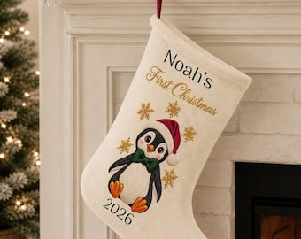 Personalised Penguin baby First Christmas 2026 Stocking | Baby Name Christmas Stocking| Warm Ivory baby stocking| Baby first Christmas gift