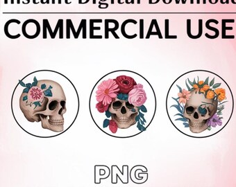Könnte beinhalten: Drei digitale Illustrationen eines menschlichen Schädels mit Blumen. Der Schädel ist weiß mit schwarzen Augenhöhlen und einer schwarzen Nase. Die Blumen sind rosa, rot und gelb. Der Hintergrund ist rosa. Der Text "Sofortiger digitaler Download KOMMERZIELLE NUTZUNG PNG TRANSPARENTER Hintergrund" ist in schwarzer Schrift.