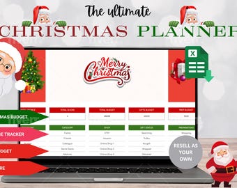 May include: A digital Christmas planner with a red and green theme. The planner includes sections for a Christmas budget, expense tracker, gift budget, and more. The planner is available as a downloadable Excel spreadsheet.