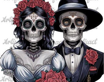 May include: A bride and groom dressed as skeletons in traditional Day of the Dead attire. The bride wears a white dress with a floral crown and the groom wears a black suit with a bow tie. Both have colorful skull makeup and are surrounded by red roses.