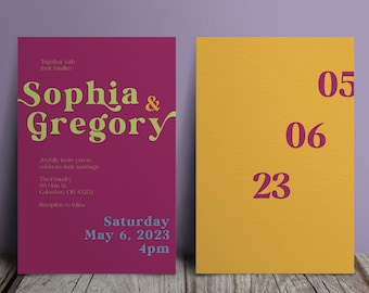 May include: A burgundy wedding invitation with the names Sophia & Gregory in a yellow font. The invitation includes the date Saturday, May 6, 2023, at 4pm. A yellow card with the numbers 05, 06, and 23 in a burgundy font.