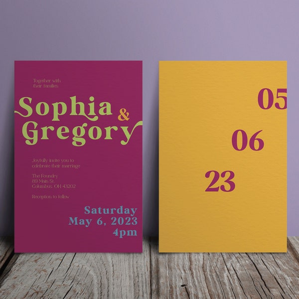 Funky Wedding Invitation Template Set - Yellow Wedding Invite, Summer Wedding Invite, Colorful Invitation, Modern retro wedding invitation