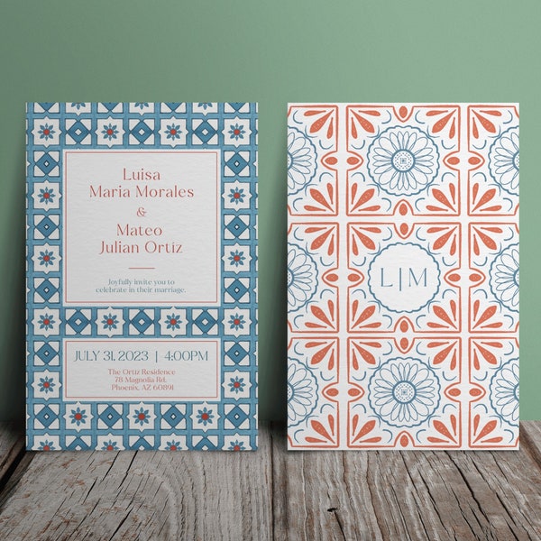 Spanish Tile Wedding Invite - Blue Tile Wedding Invitation, Summer 3 Piece Wedding Invitation Template Set, Orange Moroccan Invitation