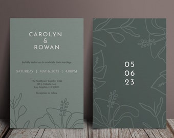 May include: A green wedding invitation with a floral design and the text "CAROLYN & ROWAN" and "SATURDAY MAY 6, 2025 | 4:00PM". The second card has a floral design and the date "05 06 23".