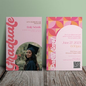 Modèle d'Invitation de remise des diplômes rose et orange rétro - Invitation des années 70, invitation fuchsia, invitation à une fête des diplômés vintage, invitation à une fête groovy