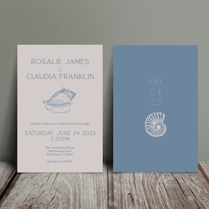 Juego de plantillas de invitación de boda en la playa azul - Invitación de concha marina, Invitación de boda descargable Juego de plantillas de 3 piezas, Boda en la playa