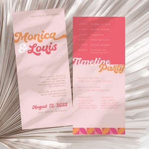 Puede incluir: Invitación de boda en rosa y naranja. El diseño presenta los nombres "Monica & Louis" en una fuente retro, la fecha de la boda y un programa de la fiesta. El fondo es rosa claro.