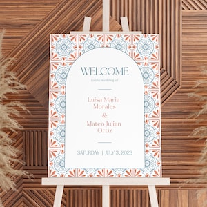 Spanische Fliesen Hochzeit Willkommensschild Vorlage - Marokkanisches Fliesen Willkommensschild, Sommerhochzeitsschild, Blaues und Oranges Willkommensschild, Duschschild