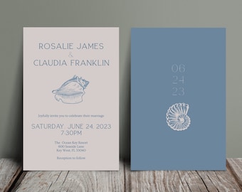 May include: A wedding invitation with a pink background and blue text. The invitation features a seashell illustration and the text "ROSALIE JAMES & CLAUDIA FRANKLIN" and "SATURDAY, JUNE 24, 2023 7:30PM". The invitation also includes the location and time of the wedding reception.