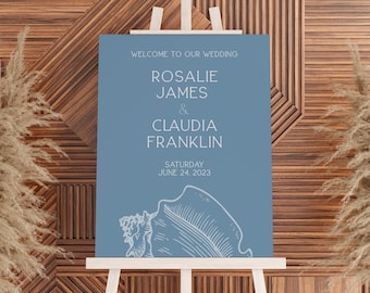 Beach Wedding Welcome Sign Template - Blue Wedding Sign, Seashell Welcome Sign, Blue Event Sign, Welcome Sign Template Download