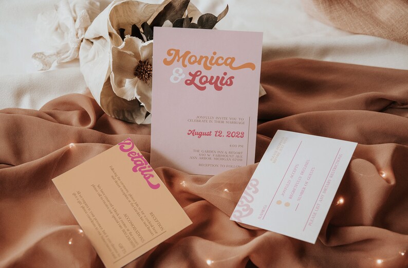 May include: Wedding invitation suite with pink and orange details. The main invitation card features the names "Monica & Louis" in a retro font. The date is August 12, 2028. The RSVP card has a pink and white color scheme.