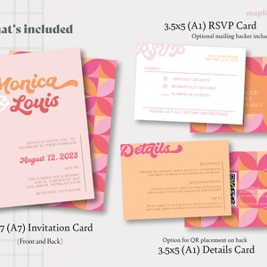 May include: A set of printable wedding invitation cards with a retro geometric design in pink, orange, and white. The invitation card features the text "Monica & Louis" in a retro font. The RSVP card includes the text "RSVP" in a retro font. The details card includes the text "Details" in a retro font.