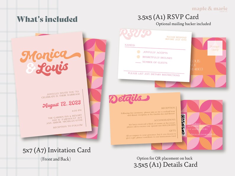 May include: A set of printable wedding invitation cards with a retro geometric design in pink, orange, and white. The invitation card features the text "Monica & Louis" in a retro font. The RSVP card includes the text "RSVP" in a retro font. The details card includes the text "Details" in a retro font.