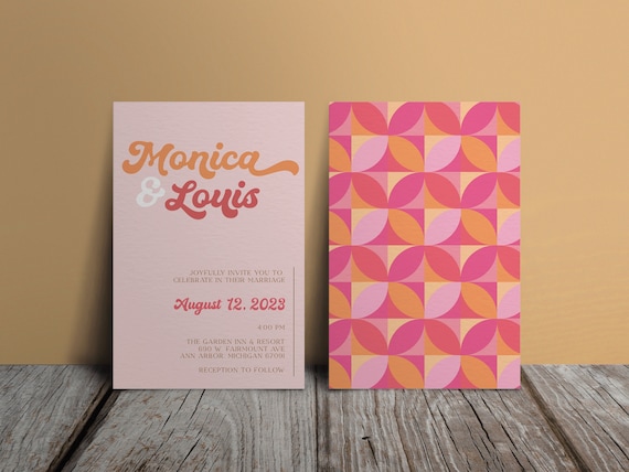 Retro Pink and Orange Wedding Invitation Template Set - Colorful Wedding Invite 3 Piece Template Set, 70s hot pink wedding invite