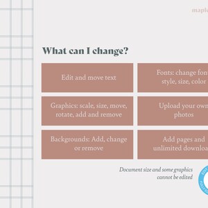 May include: A light brown grid background with a white text box that says "What can I change?"  There are six pink boxes with white text describing what can be changed in a template. The boxes are arranged in two columns of three boxes. The text in the boxes reads: "Edit and move text", "Fonts: change font, style, size, color", "Graphics: scale, size, move, rotate, add and remove", "Upload your own photos", "Backgrounds: Add, change or remove", "Add pages and unlimited downloads".  The text at the bottom of the image reads: "Document size and some graphics cannot be edited".  There is a blue circle with a white "t" in the center and the text "FULLY EDITABLE TEMPLATE" around the circle.