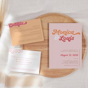 May include: A wedding invitation suite with a pink and orange color scheme. The invitation features the names "Monica & Louis" in a retro font. The RSVP card has a pink and orange "RSVP" logo and a space for guests to indicate their attendance. The details card has a pink and orange "Details" logo and includes information about the reception.