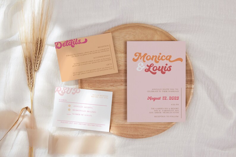 May include: A wedding invitation suite with a pink and orange color scheme. The invitation features the names "Monica & Louis" in a retro font. The RSVP card has a pink and orange "RSVP" logo and a space for guests to indicate their attendance. The details card has a pink and orange "Details" logo and includes information about the reception.