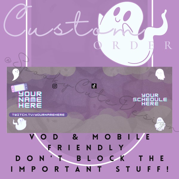 Spooky Cute Design Ghost Kawaii Twitch Channel Banner Mobile and PC Friendly Pink Purple Pastel