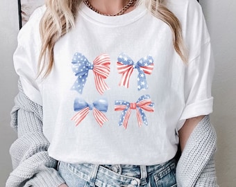Camisa USA Comfort Colors para mulheres, camisa América, camiseta 4 de julho, camisa 4 de julho, camisa com laço coquete, vermelho, branco e azul