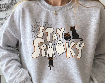 Bleib Spooky Halloween Crewneck Pullover, lustiges gespenstisches Katzen Sweatshirt, schwarze Geist Katze Pullover, gruseliges HalloweenShirt, Halloween Geschenke für