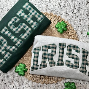 Irish Embroidered Sweatshirt - Lucky Irish embroidered St Patricks Day Sweater - Green Plaid