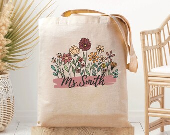 Wildflower Teacher Name Totebag, Custom Teacher Bag, Personalized Teacher Tote, Gift For Teacher, Cute Teacher Bag, Boho Totebag