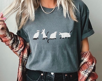 HalloweenCat Comfort Colors Crewneck Shirt, Ghostly Black Cat Shirt, Funny Spooky Cat Shirt, Cat Lover Gift For Halloween