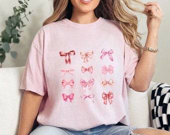 Pink Bow Trendy Shirt, Ribbon Bow Pullover Shirt, Cute Valentines Day Shirt, T-shirt For Women With Bows, Cute Little Bow Shirt, Gift For