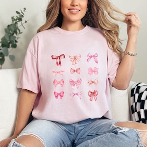 Pink Bow Trendy Shirt, Ribbon Bow Pullover Shirt, Cute Valentines Day Shirt, T-shirt For Women With Bows, Cute Little Bow Shirt, Gift For