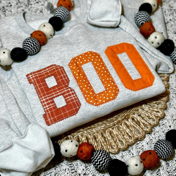 Sudadera de Halloween con bordado "Boo", cuello redondo otoñal con bordado "Sooky Fun", jersey de otoño, suéter naranja de Halloween