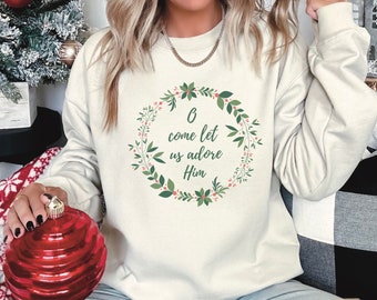 Adorémoslo suéter de cuello redondo, sudadera cristiana de Navidad, regalo de vacaciones religiosas, camisa de jersey de la Natividad de Jesús, Navidad religiosa