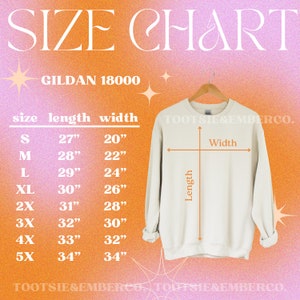 May include: Size chart for Gildan 18000 sweatshirts, showing measurements in inches for length and width. Sizes range from S to 5X.