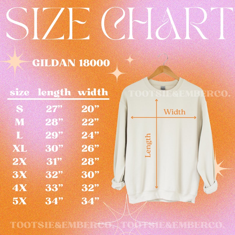 May include: Size chart for Gildan 18000 sweatshirts, showing measurements in inches for length and width. Sizes range from S to 5X.