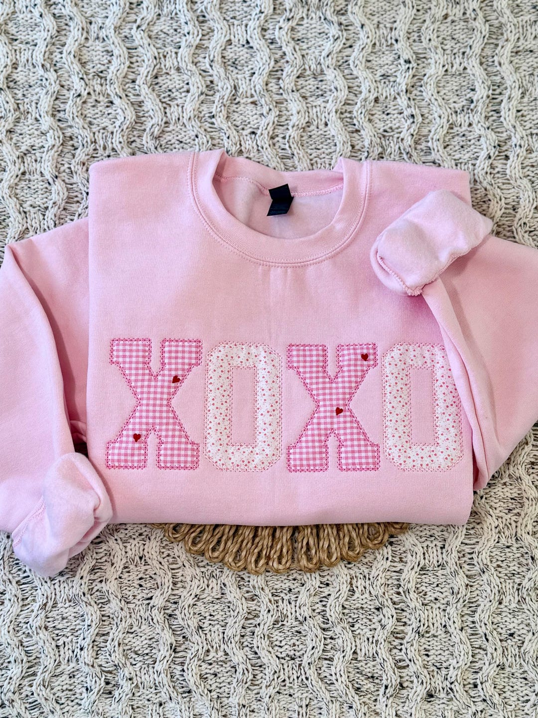 Pink XOXO Pattern Drop Shoulder Crewneck Valentines Sweater