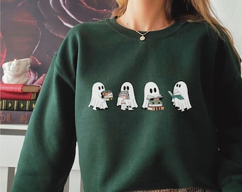 Bücherwurm SpookySeason Geist Sweatshirt, Niedlich-Geist Reading Pullover, Halloween Crewneck für Bibliothekare, Leseliebhaber TBR Geist Shirt