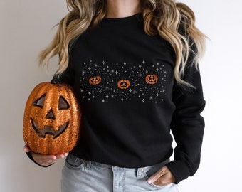 Schwimmende Kürbisköpfe Sweatshirt, Gruseliger Saison Pullover, Jack O Lantern Rundhalspullover, Scary Fall Starry HalloweenShirt