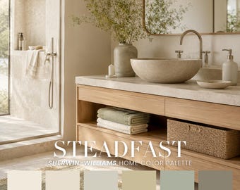 Może przedstawiać: Szafka łazienkowa z jasnego drewna, kamienna umywalka nablatowa i bateria. Obraz zawiera paletę kolorów z napisem STEADFAST SHERWIN-WILLIAMS HOME COLOR PALETTE oraz sześć neutralnych próbek kolorów w odcieniach beżu, szarości i zieleni.