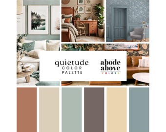 Quietude - Home Color Palette | Sherwin Williams 2025 Whole House Color Scheme | Interior Paint Swatches | Blue, Clay, Beige, Plum, White