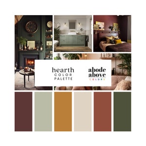 Haard: kleurenpalet voor thuis | Kleurenschema voor het hele huis van Sherwin Williams | Verfstalen interieur | Kastanjebruin, groen, crème, donkerrood