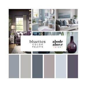 Bluettes - Palette de couleurs pour la maison | Palette de couleurs pour toute la maison Sherwin Williams | Échantillons de peinture intérieure | Gris, bleu, lavande, ardoise