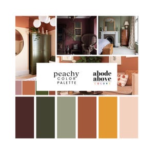 Paleta de cores Peachy - Home | Esquema de cores para toda a casa da Sherwin Williams | Amostras de tinta para interiores | Pêssego, laranja, verde, amarelo, argila