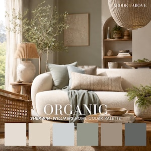 Peut inclure: Un canapé incurvé couleur crème avec des coussins vert sauge et beige, un jeté vert sauge et une table basse en bois. L'image contient le texte ABODE ABOVE et ORGANIC SHERWIN-WILLIAMS HOME COLOR PALETTE avec six échantillons de couleurs.