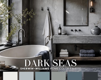 May include: A bathroom interior featuring a white oval bathtub, a concrete vanity with a sink, a mirror, and a towel. The image includes the text "DARK SEAS" and "SHERWIN-WILLIAMS HOME COLOR PALETTE" above six color swatches in shades of white, gray, and blue.