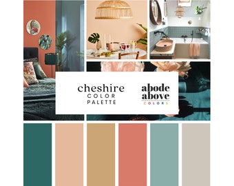 Cheshire - Home Color Palette | Sherwin Williams Whole House Color Scheme | Interior Paint Swatches | Coral, Gold, Teal, Pink, Gray